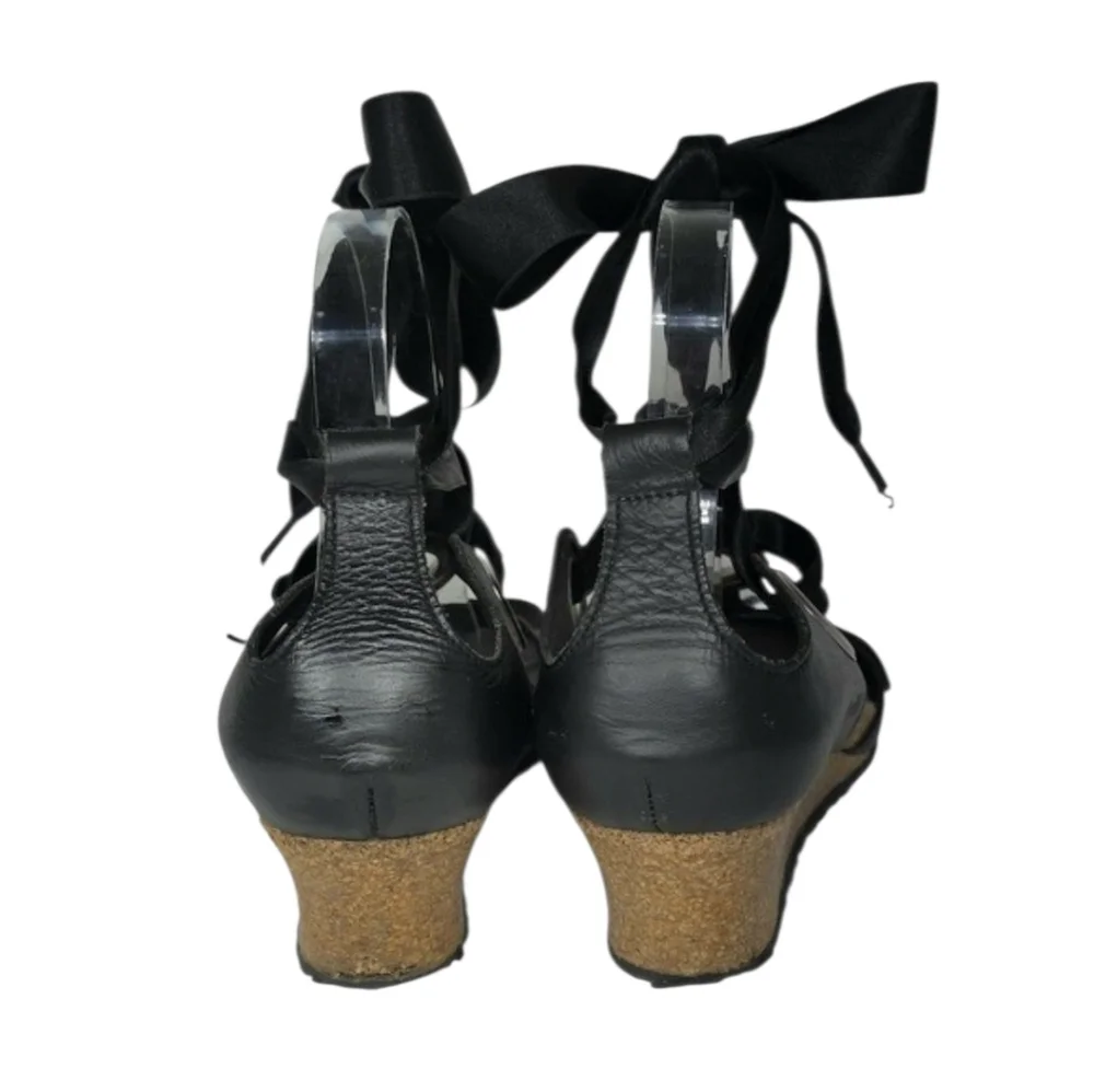 Papillio Birkenstock Black Emmy Leather Ankle Tie Strap Wedge Sandals Size 37‎